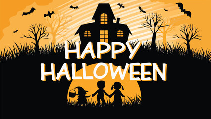 Happy halloween scene with haunted house bats and children in silhouette against orange background
