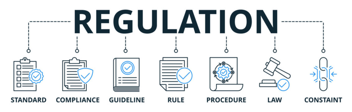 Regulation web banner icons Vector illustration concept with icons keywords of standard, compliance, guideline, rule, procedure, law and constraint