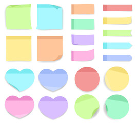 A collection of pastel sticky notes in multiple shapes: square, rectangle, long, circle, and heart. Designed for soft-themed planners and creative tools.