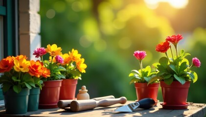 Vibrant potted flowers, gardening tools, sunny balcony , home, container gardening