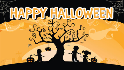 Happy halloween scene with children pumpkins spiders and a spooky tree silhouette on an orange background