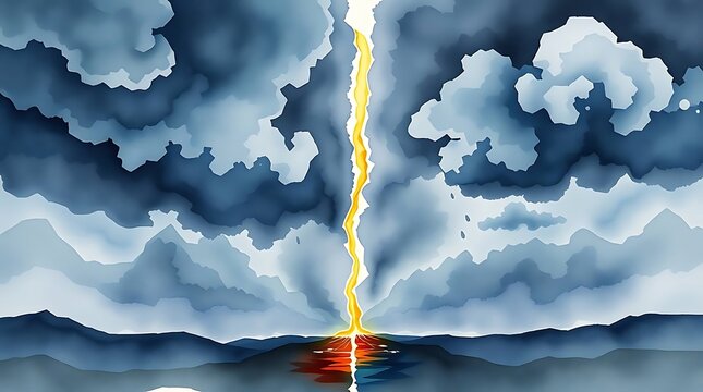 A watercolor illustration depicting a distinct split in intense dramatic weather, with stormy skies, high tension, and bold, divided sections