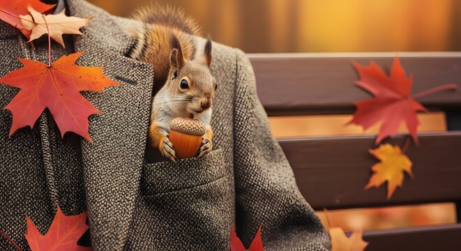 Adorable Squirrel Peeking from a Pocket with Acorn, Embracing Autumn's Charm and the Spirit of Nature's Bounty