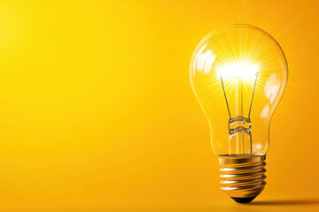 Bright light bulb emits expanding rays against vibrant yellow background, symbolizing innovation and creativity