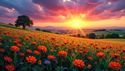 Vibrant sunset hues paint wildflowers, rural landscape , light, colors, peaceful