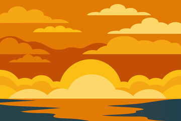 Painterly Clouds in Golden Sky Over Lake Horizon Art