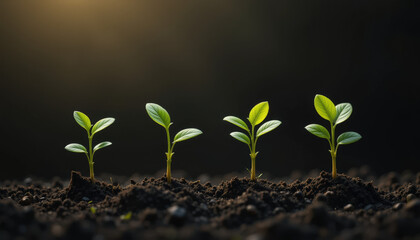 Growing green sprouts nature garden plant life dark soil close-up sustainability concept