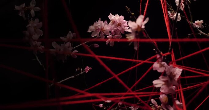 A fashionable bouquet of almond flowers in which all the branches are tied with red thread. Strange modern art