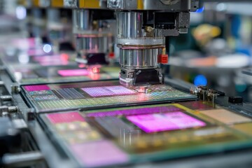 Automated machinery picks components for circuit boards in a clean factory. Illustrates technology, manufacturing, and the modern digital age.