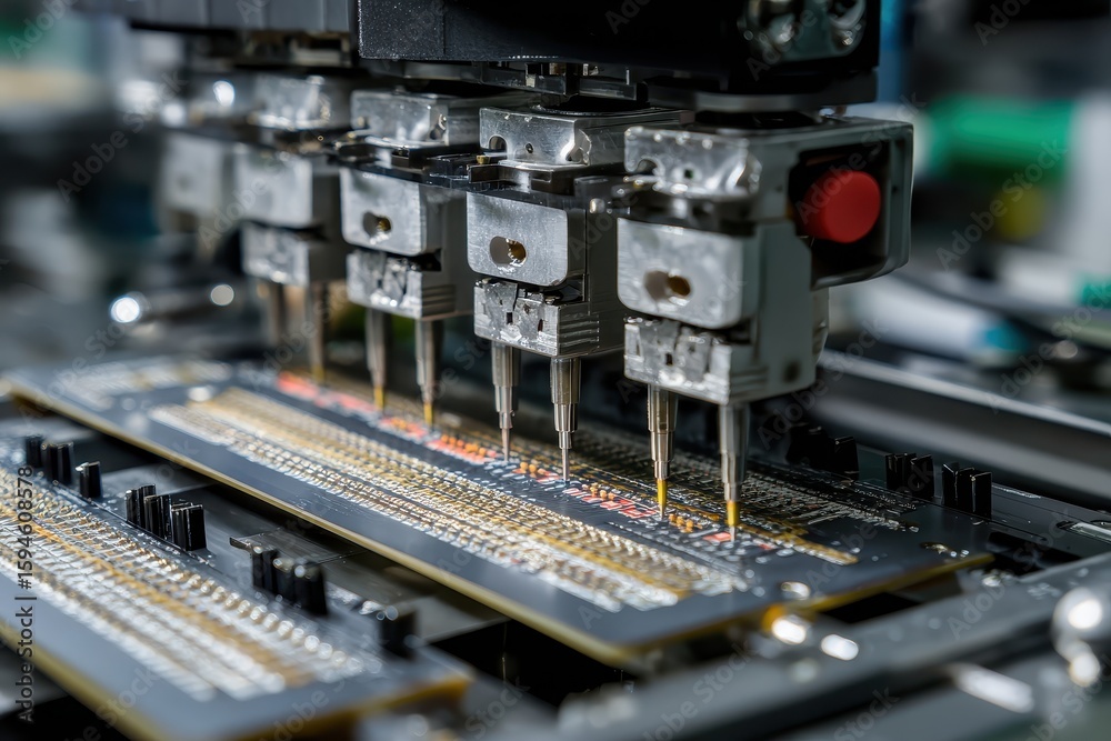 Poster automated machine tests printed circuit boards in a factory setting. use this image to show electron