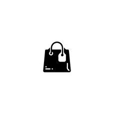 A simple black and white graphic of a shopping bag with a small tag icon
