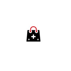 A black shopping bag with a red handle and a white plus sign on a white background