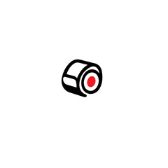 A stylized illustration of a white and black tape roll with red center