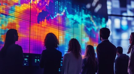 Silhouetted business people viewing a large vibrant data visualization screen.