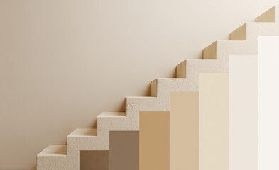 Beige stairs ascending against a light beige wall, with gradient colored panels beside the steps