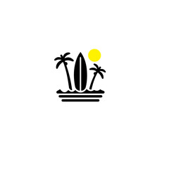 A simple black and white illustration of a beach scene with a surfboard