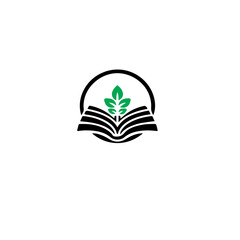 A logo showing an open book with a green plant inside a black circle frame