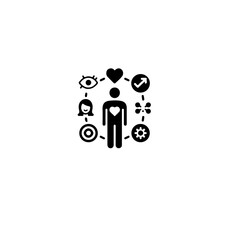 A person surrounded by icons representing various aspects of their life