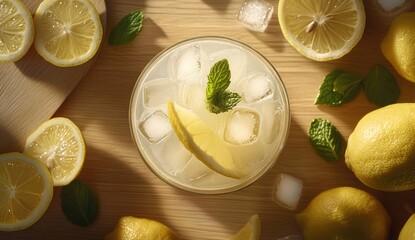 Refreshing lemon drink in glass, surrounded by lemon slices and ice