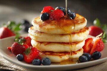 Stacked pancakes topped with fresh berries and syrup