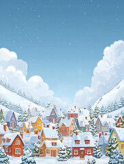 Cozy village nestled in snowy mountains with winter sky