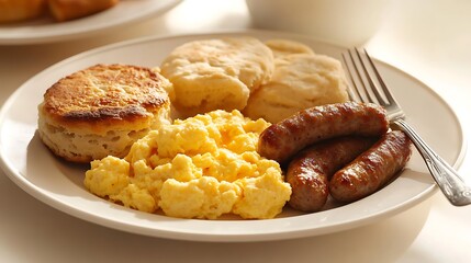 Classic Breakfast Plate with Scrambled Eggs, Sausages, and Biscuits