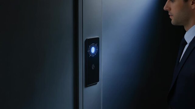 Man uses fingerprint scanner on elevator panel for access - Powered by Adobe
