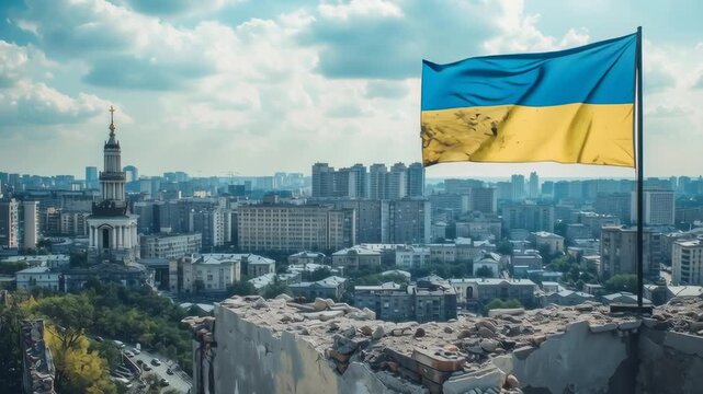 A flag is flying in the air above a city. The flag is yellow and blue. The city is full of buildings and has a lot of people