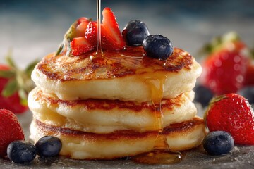 Stack of pancakes drizzled with syrup and topped with fresh berries