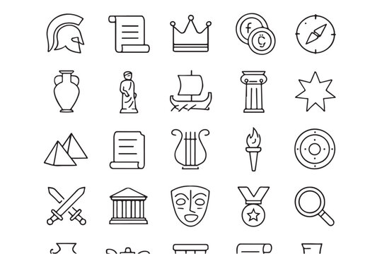 Ancient Greek Roman culture icons line art ancient greece
