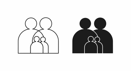Two family icons, one in outline and one in solid black, depicting parents and children.