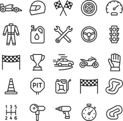 Fototapeta premium Motorsports Vector Icon Set with Adjustable Line Weight Featuring Racing Car, Motorcycle, Helmet, Trophy, Oil, Engine, Pit Stop, Fuel, Flag, Speed, and Competition Symbols