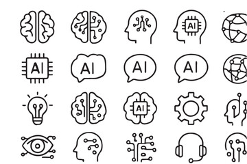 Collection of 20 minimalist black line art icons related to artificial intelligence
