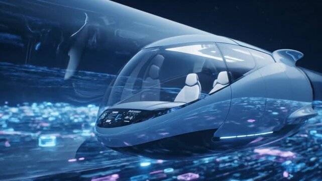 CGI Animation of Transparent Hyperloop Capsule Gliding Through Vacuum Tube Across Digital Landscape