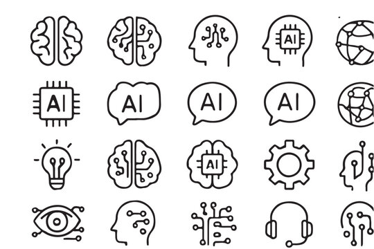 Collection of 20 minimalist black line art icons related to artificial intelligence