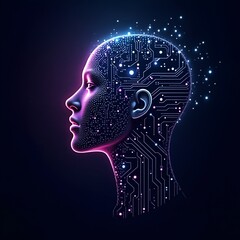 Futuristic head formed of neon blue lines