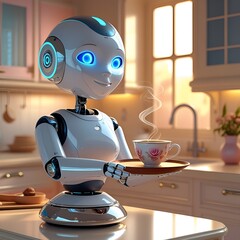 Friendly AI robot serving coffee at home