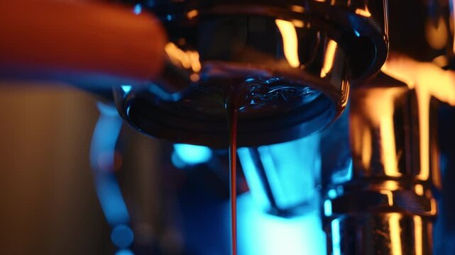 Slow motion pour espresso rom bottomless portafilter with neon light