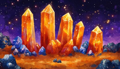 Vibrant orange crystals stand tall against a night sky, nestled amongst smaller rocks.  Stars shimmer