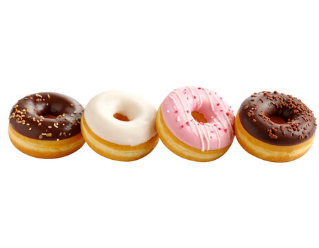 Trio of mini donuts with different glazes on transparent background