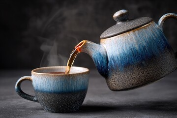 Tea being poured from a teapot into a mug.  Steam rises.  Dark background