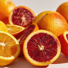 Close-up of blood oranges and oranges, halves and wholes, vibrant colors