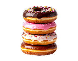 Tower of assorted donuts with colorful frosting on transparent background