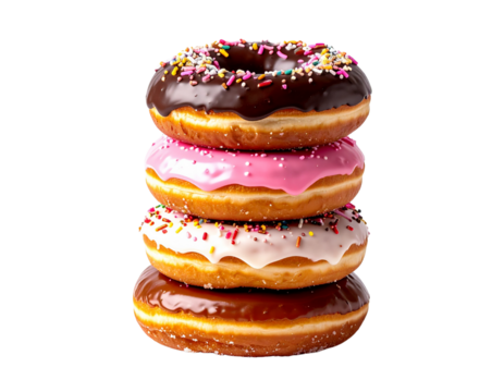 Tower of assorted donuts with colorful frosting on transparent background