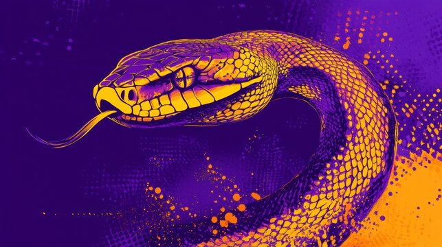 Vibrant stylized snake portrait with purple and orange accents.