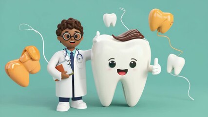 Animated dentist and cheerful tooth character celebrating good dental health with balloons in a playful clinic setting - Powered by Adobe