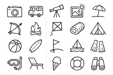 Fototapeta premium Hand drawn icons of travel and leisure activities camera