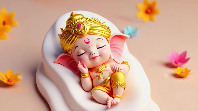 Sweet depiction of a baby deity resting peacefully surrounded by colorful flowers