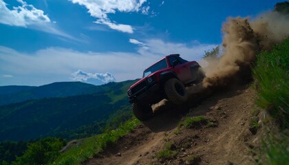 Fototapeta premium Dust kicks up as the vehicle navigates the path. 