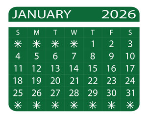 January 2026 Calendar with Highlighted Holidays and Sundays.